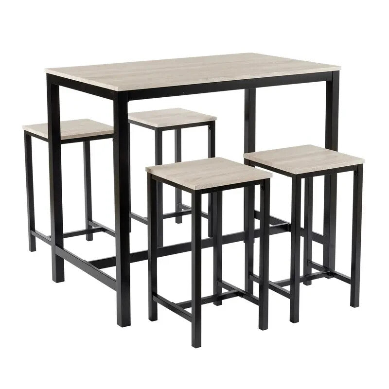 5 Piece Industrial Dining Table Set Oak MDF Top with 4 Stools Space Saving