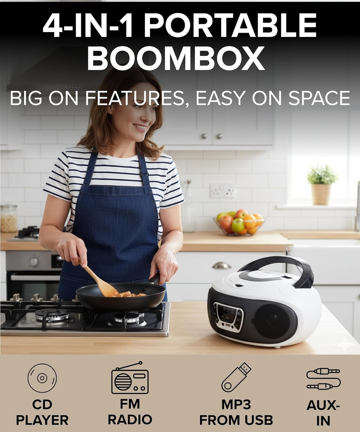 Portable Boombox CD Player FM Radio USB AUX Stereo Speakers White