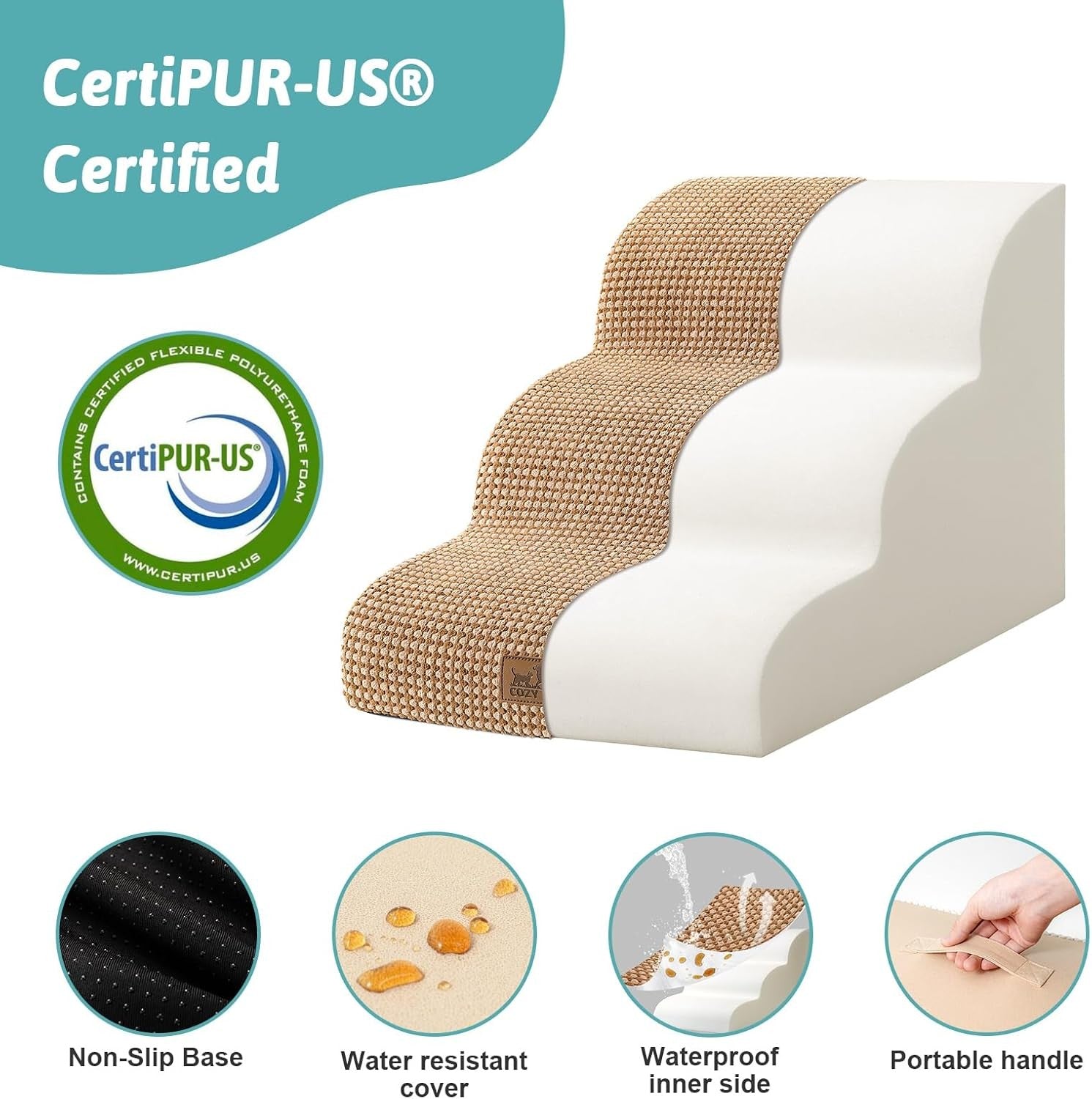 Dog Stairs 3 Step Foam Pet Ramp for Bed Sofa Leakproof Brown
