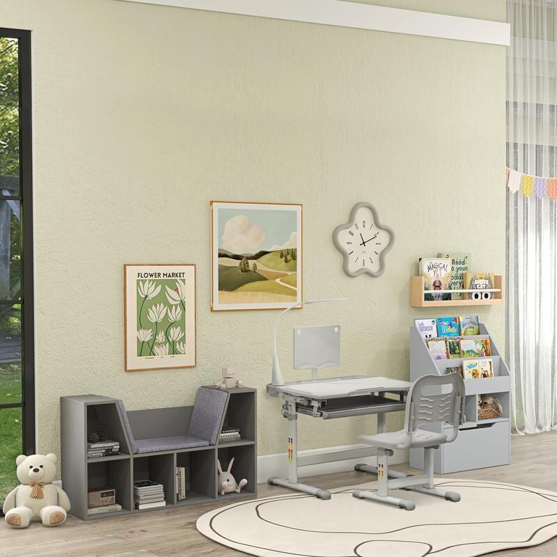 Kids Adjustable Study Desk & Chair Set w/ Lamp Drawer Tilt Table Grey 6–12