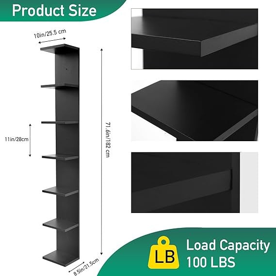 7-Tier Wall Mounted Shelf Slim Vertical Display Unit Tall Book Storage Rack