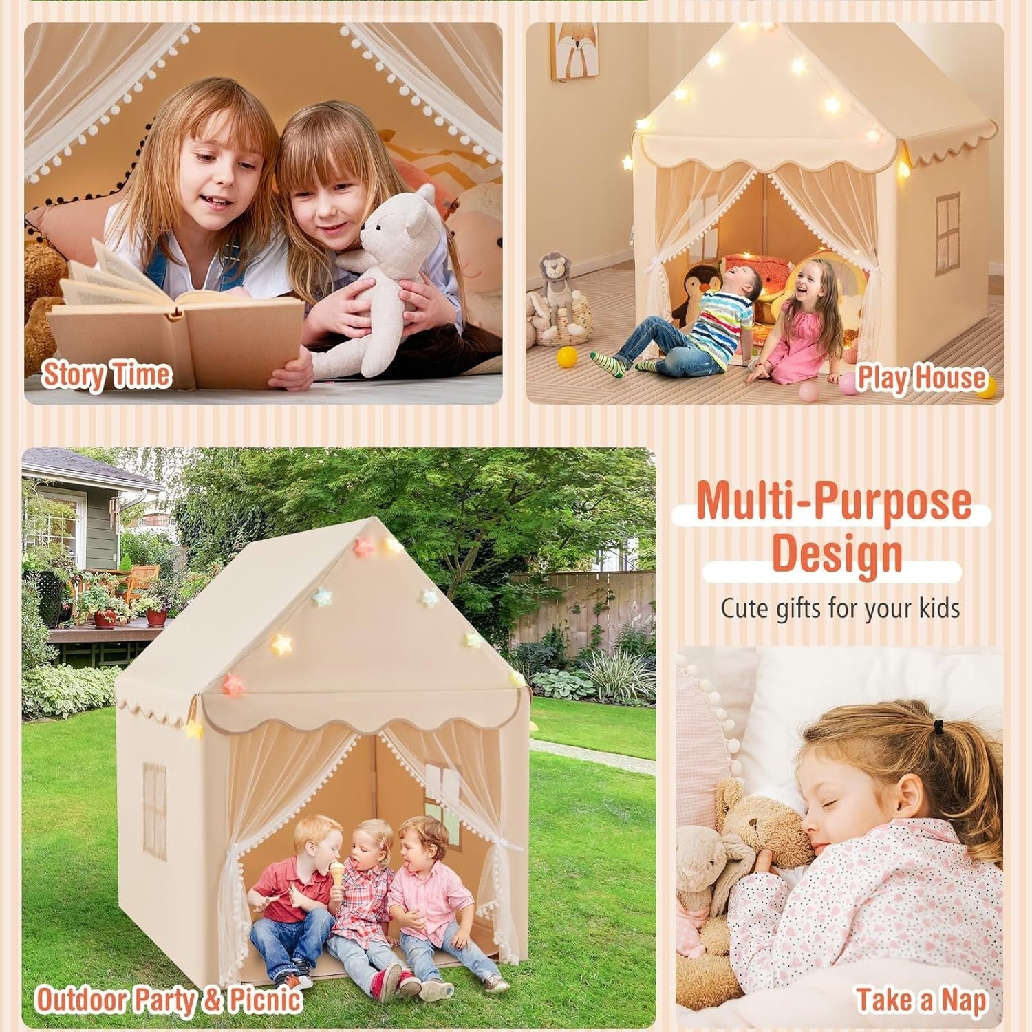 Beige Kids Fairy Castle Play Tent With Star Lights Washable Mat