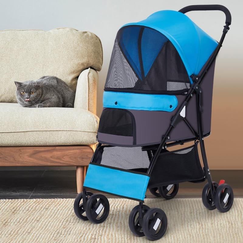 Pet Stroller for Small Dogs Cats Foldable Travel Pushchair 15kg Blue