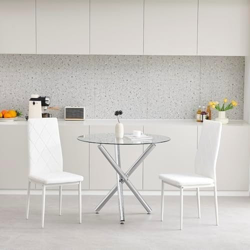 5-Piece Round Glass Dining Table with 2 White Velvet Chairs Set for 2