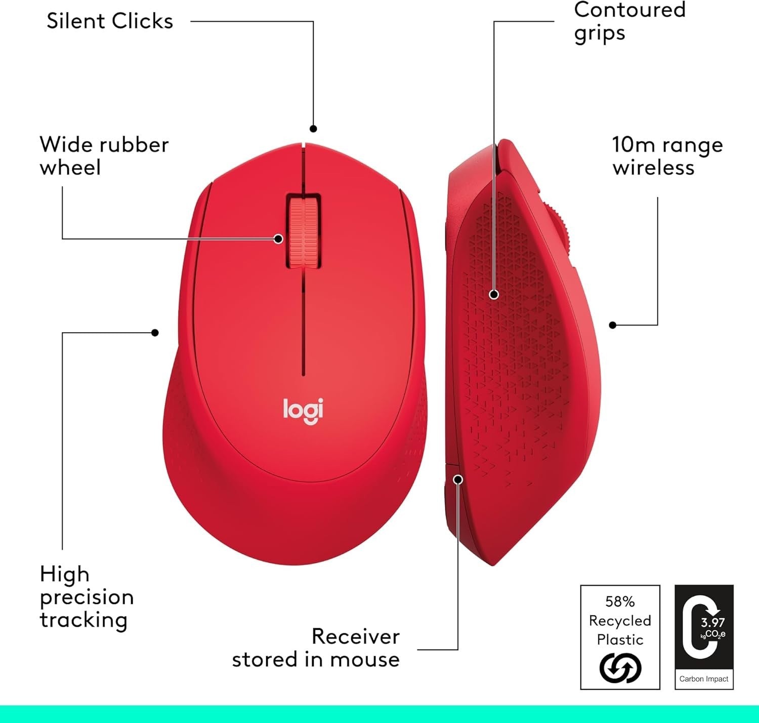 Silent Wireless Mouse USB Nano Receiver Ergonomic Lightweight Red Laptop PC
