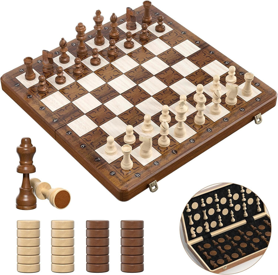 16" Wooden Magnetic Chess & Checkers Set Foldable Board w/ Extra Queens 2-in-1