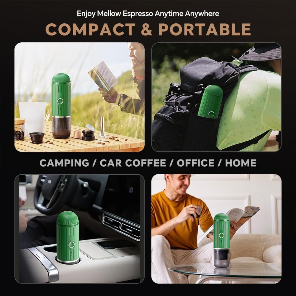 Portable Espresso Maker 19Bar Self-Heating USB-C Travel Coffee Machine Green Pod