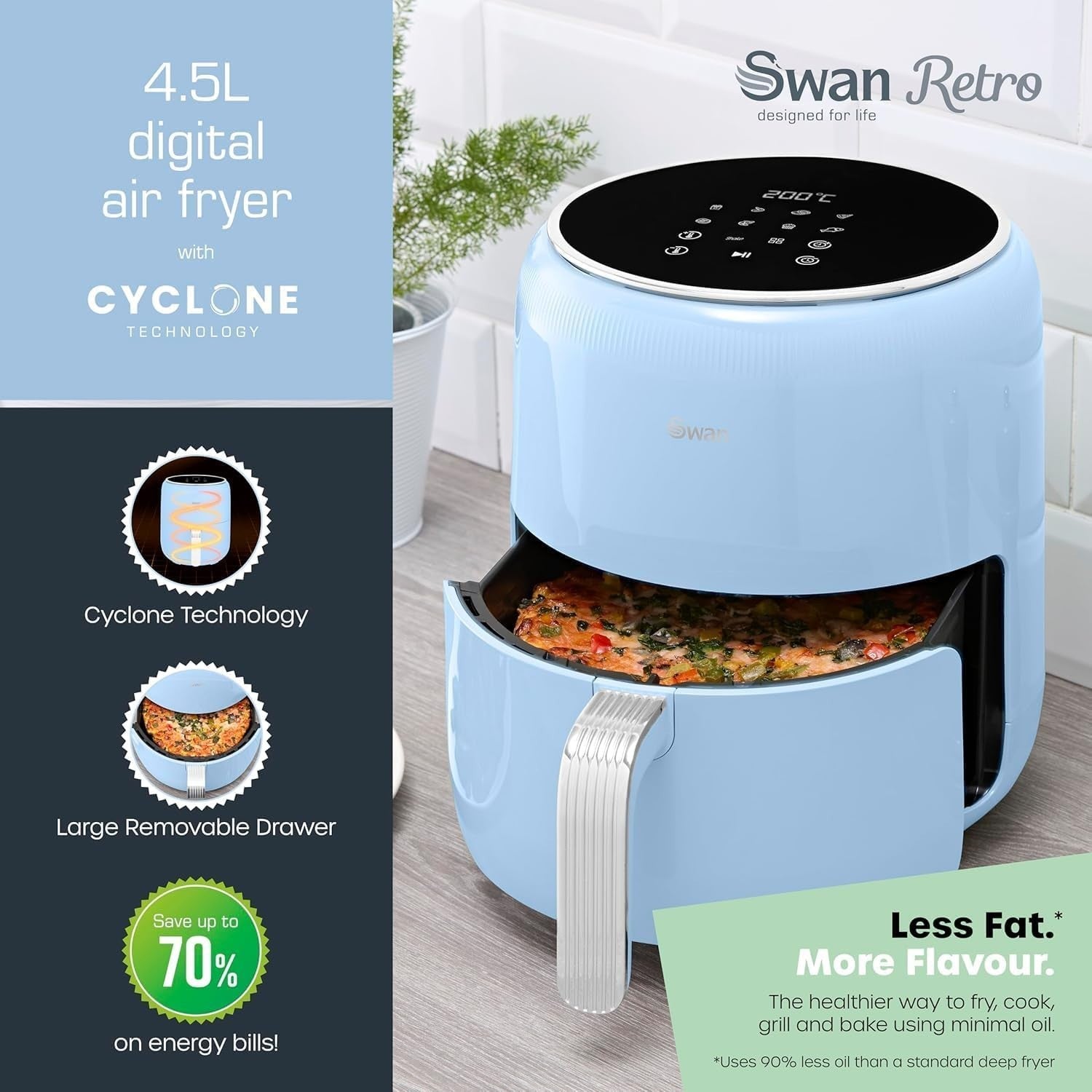 4.5L Digital Air Fryer 1500W | Retro Blue | 8 Presets | Healthy Oil-Free Cooking