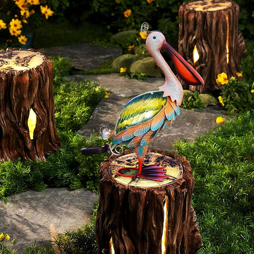 Solar Pelican Garden Statue 40.6cm Metal Glass Coastal Bird Outdoor Yard Decor