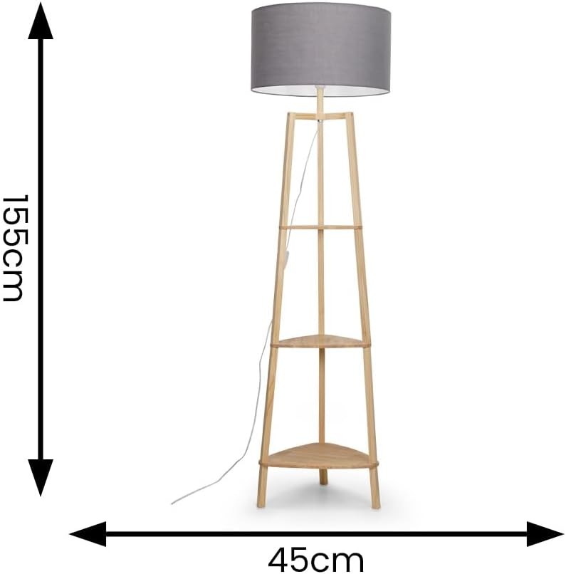 Wooden Floor Lamp with Shelves Grey Shade Storage Standing Light LED