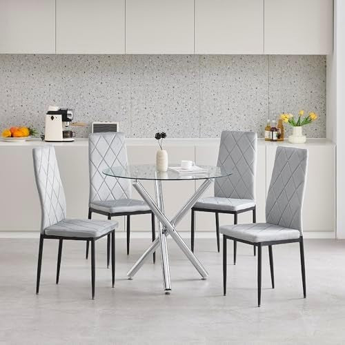 Modern 5-Piece Round Glass Dining Table with 4 Grey Velvet Chairs Set