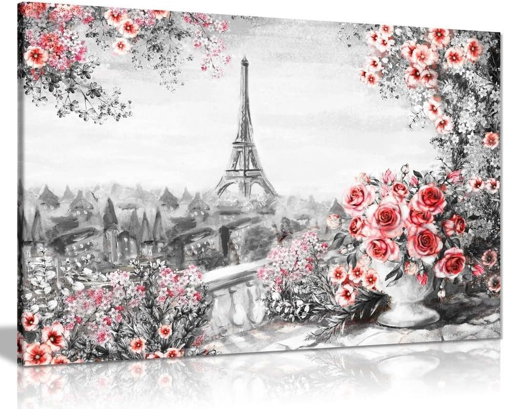 Large Paris Eiffel Tower Canvas Wall Art 30x20 Black White Red Roses