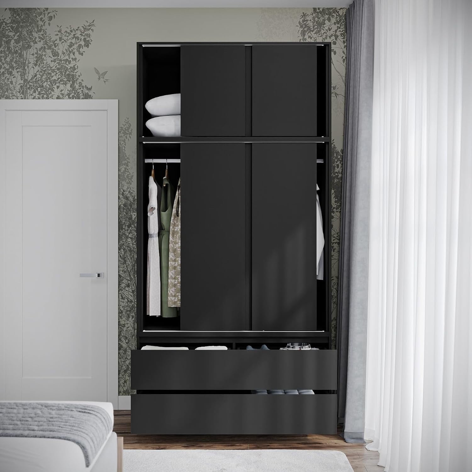 Black 6 Door Sliding Wardrobe with Drawers 240cm Modern Closet Storage