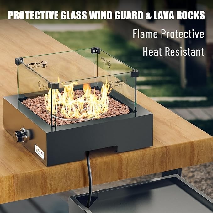 Smokeless Propane Fire Pit with Glass Wind Guard & Wheels Outdoor Heating