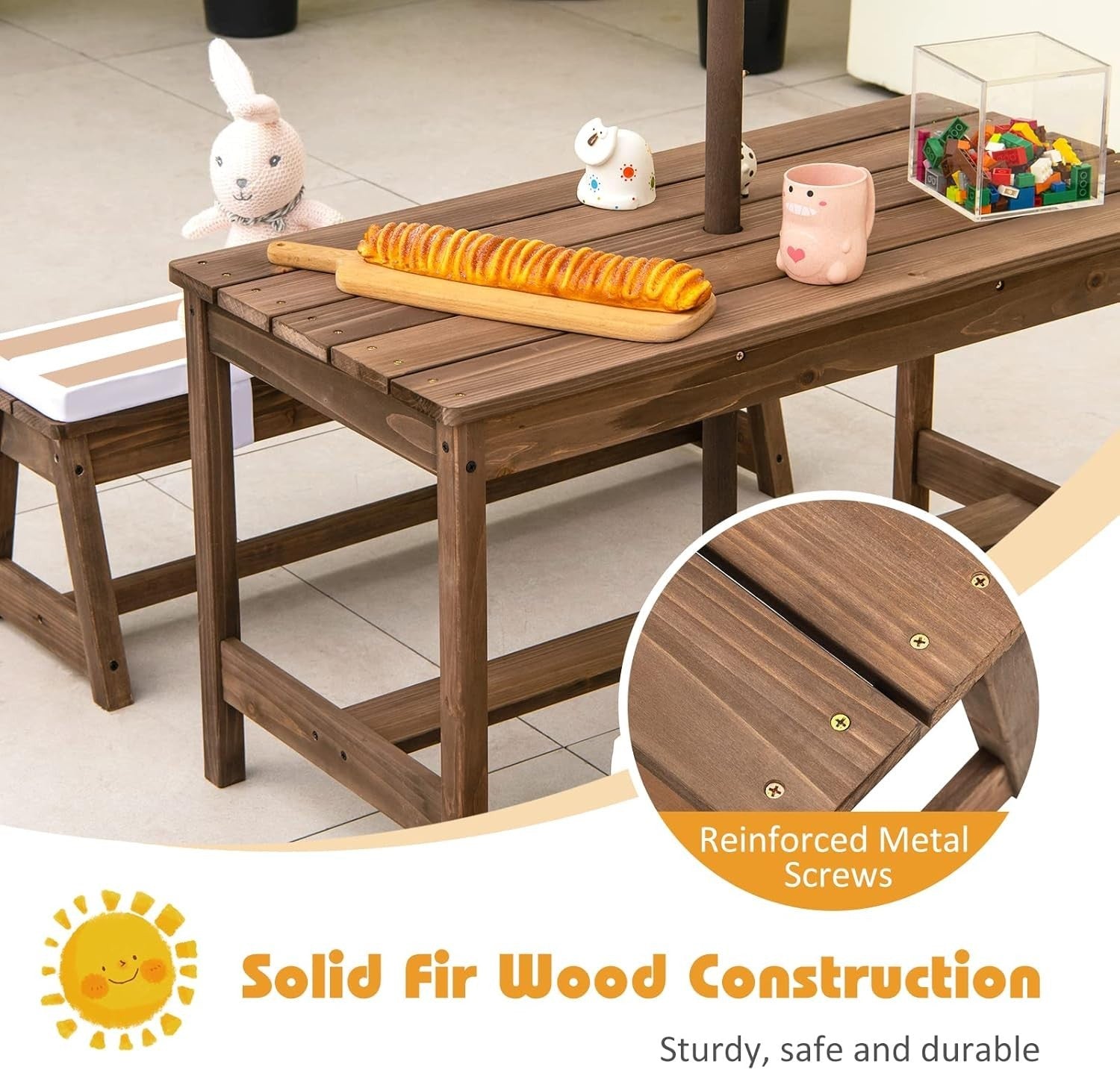 Kids Wooden Picnic Table Set with Cushions & Removable Umbrella, Indoor/Outdoor