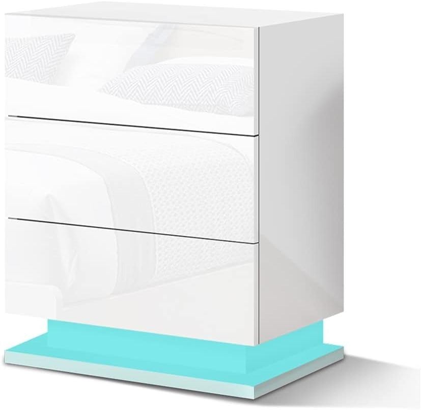 LED Bedside Table with 3 Drawers & RGB Lights | Modern High Gloss Nightstand