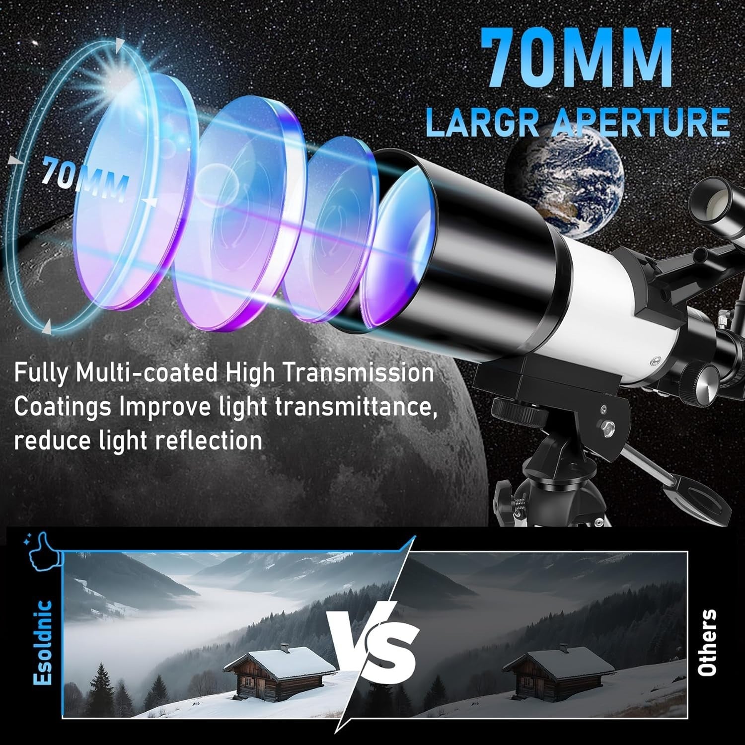 Portable 70mm Kids & Adults Telescope 150X Refractor with Tripod & Phone Mount