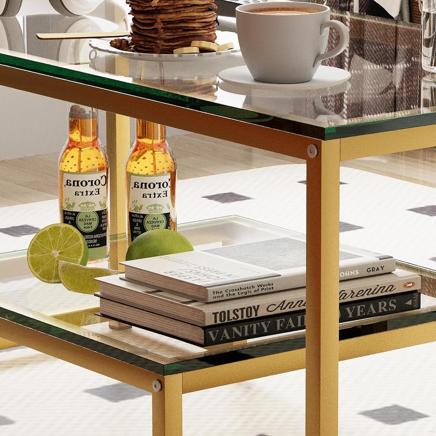 Gold Glass Coffee Table 2 Tier – Modern Metal Frame Living Room Storage