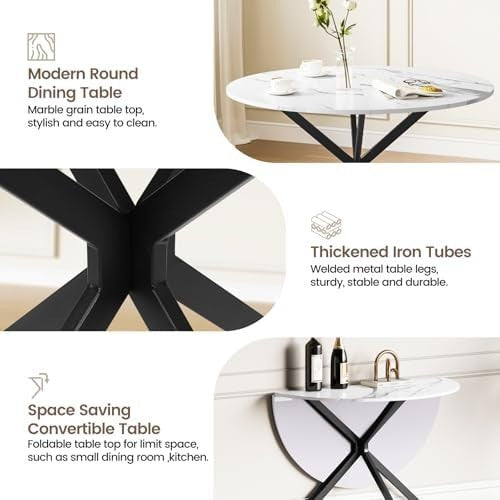 Folding Round Dining Table with 4 PU Leather Chairs Marble Effect Space-Saving