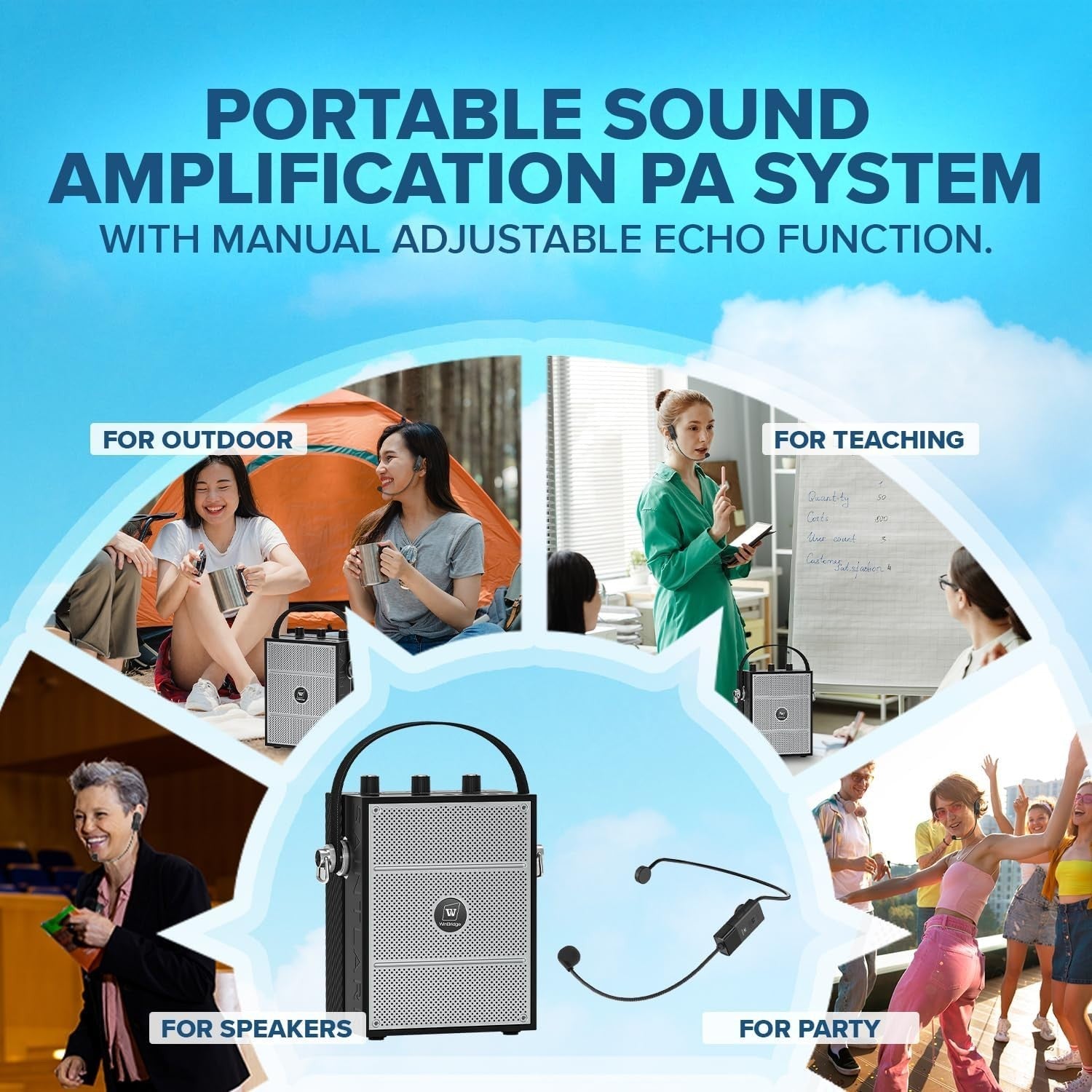 40W Bluetooth 5.3 Voice Amplifier Wireless Mic PA System 15M