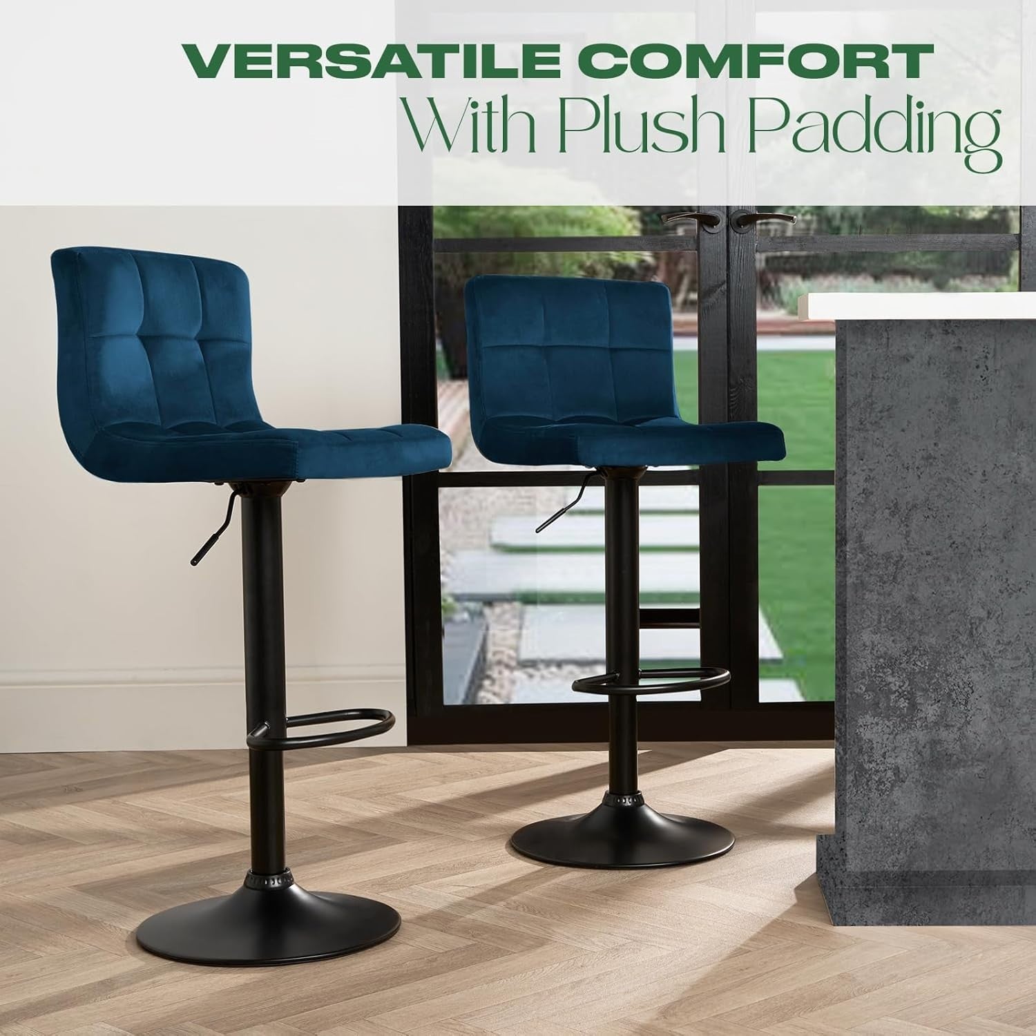 Set of 2 Adjustable Navy Blue Velvet Bar Stools with Swivel & Footrest
