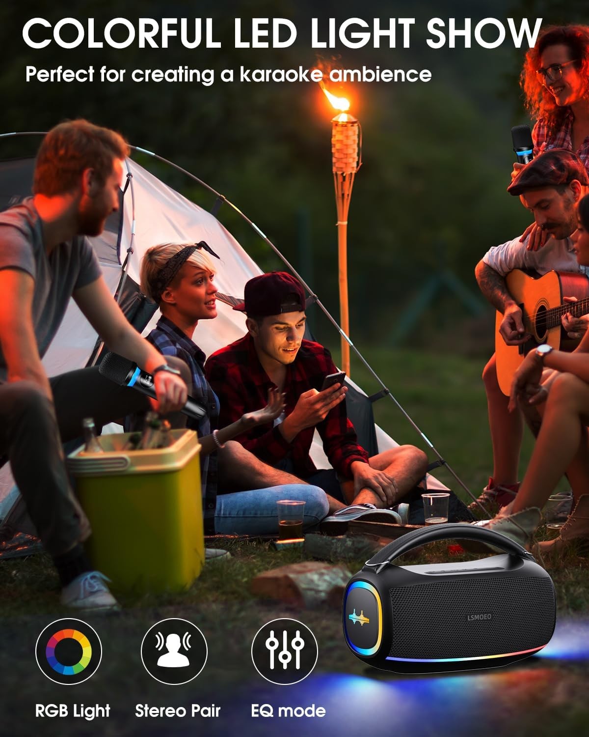 60W Karaoke Machine 2 Wireless Mics IPX5 Waterproof LED