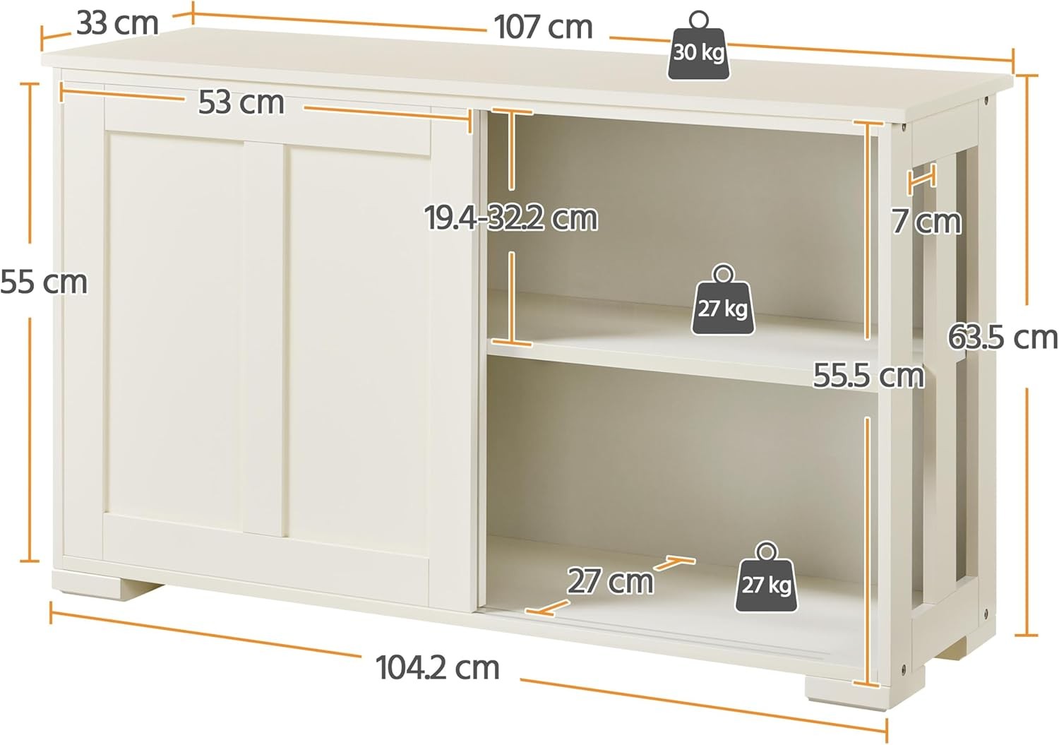 Set of 2 White Sideboard Buffet Cabinets | Sliding Door Storage Units Shelv