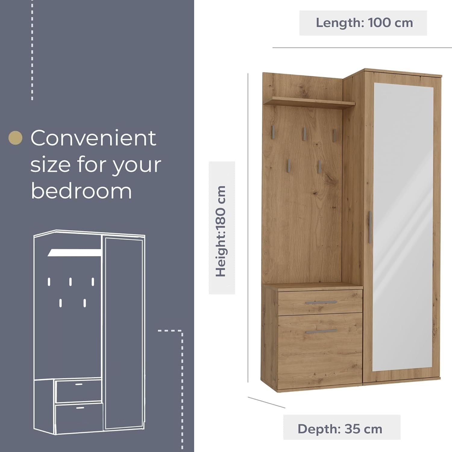 Modern Hallway Wardrobe with Drawers, Hooks & Shoe Storage, 180cm Tall