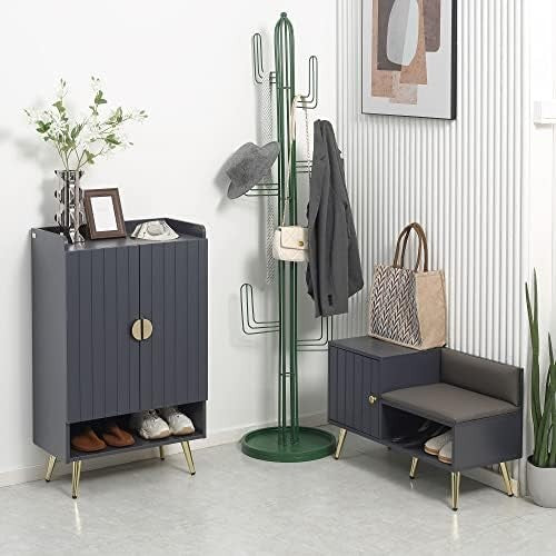 Grey Shoe Storage Bench with Cushion & Side Cabinet – Modern Hallway Seat