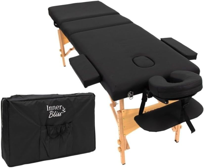 Portable Massage Table 3-Section Folding Therapy Bed Backrest Face Cradle Black