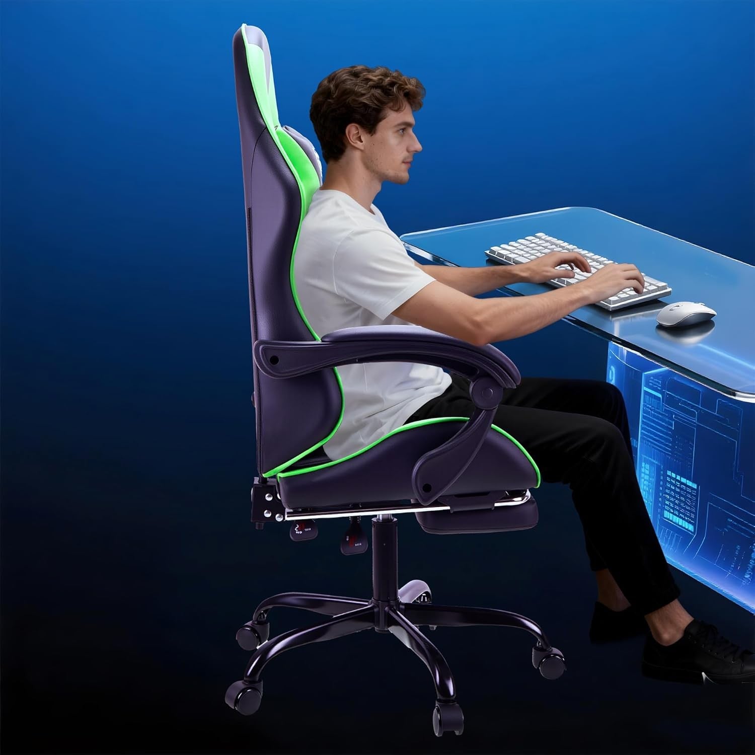 Ergonomic Gaming Chair with Footrest & Lumbar Support – Green PC Seat