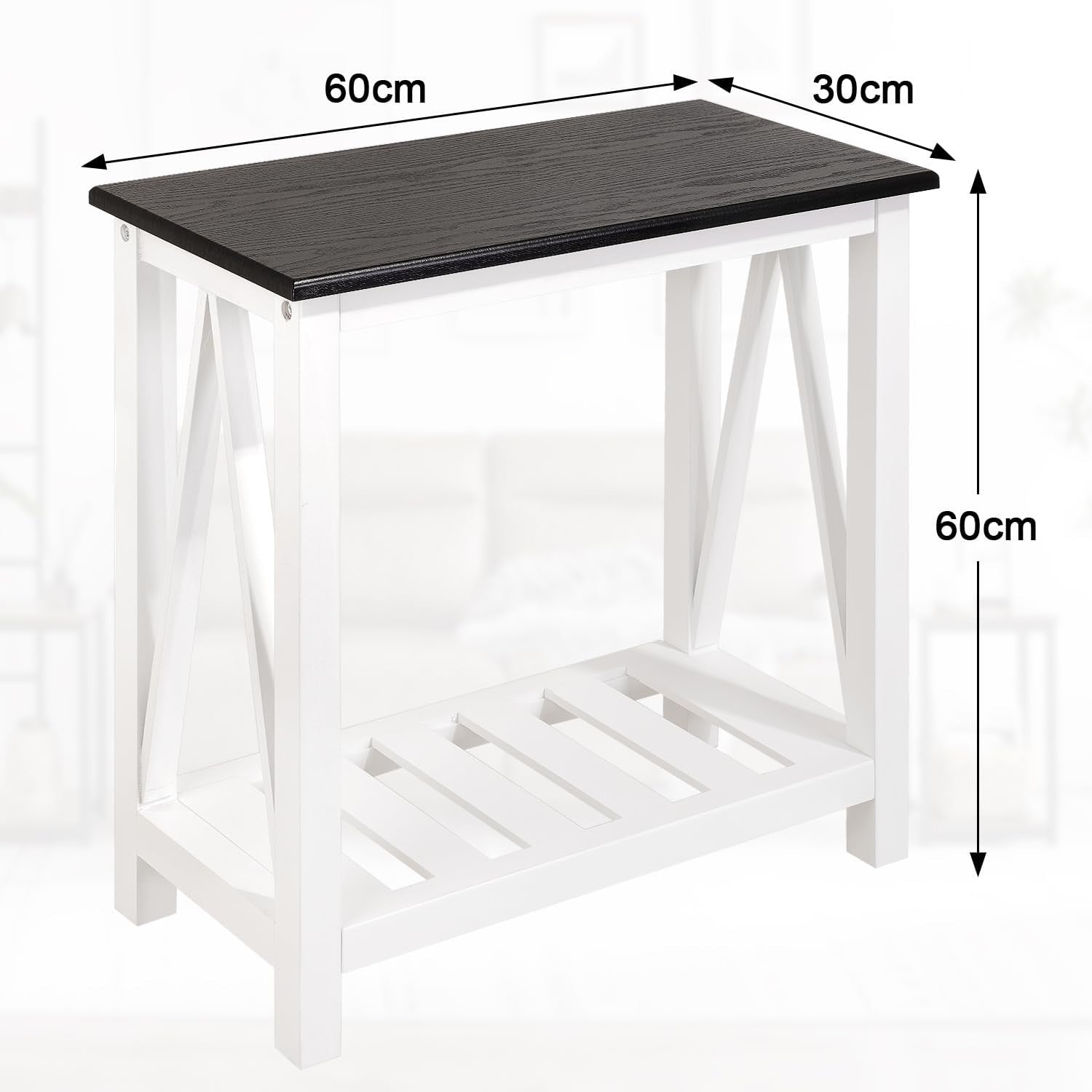 Narrow Black & White Side Table with Storage Shelf, Rustic Nightstand
