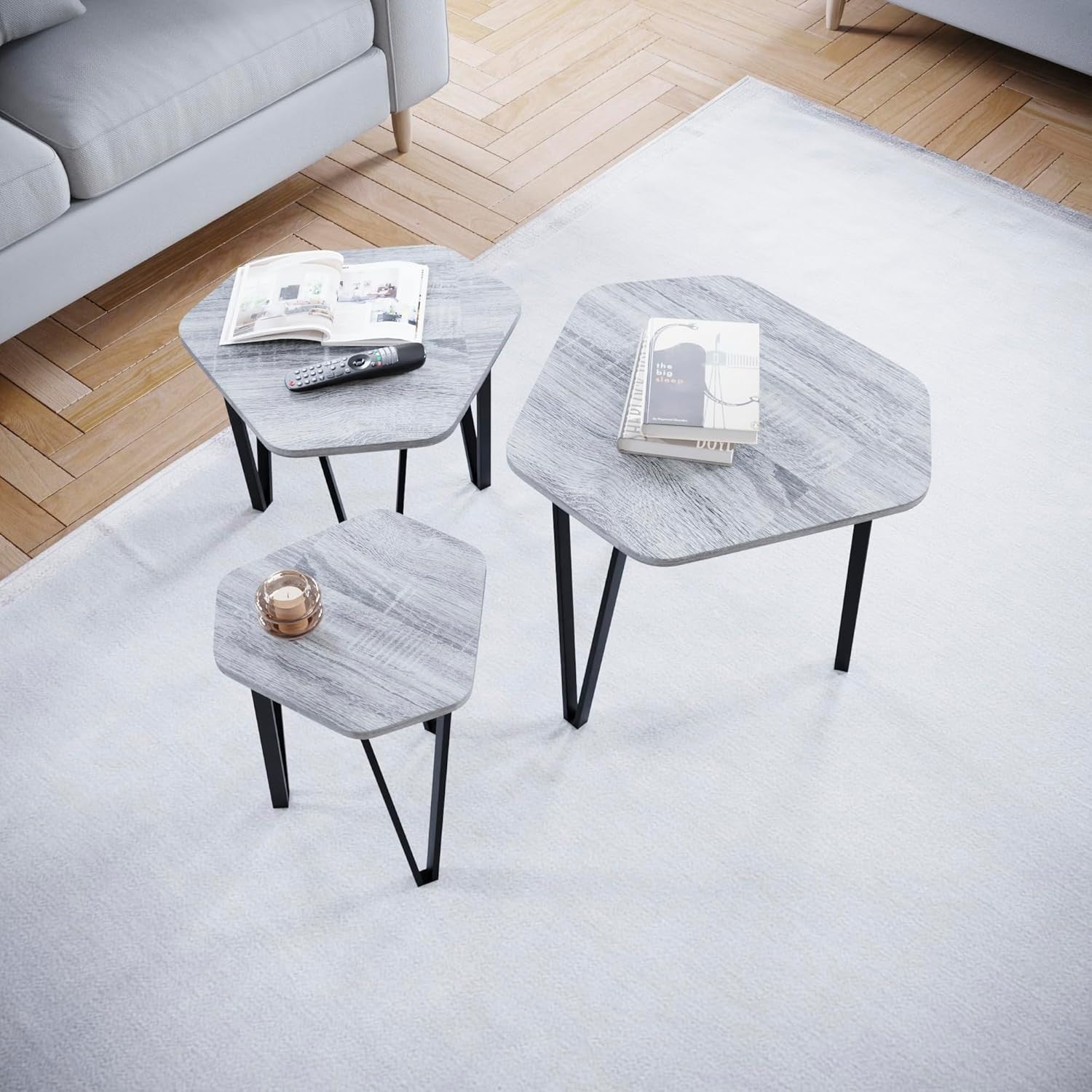 3 Nesting Coffee Tables Set of 3 Industrial Hexagonal End Side Metal Wood Grey