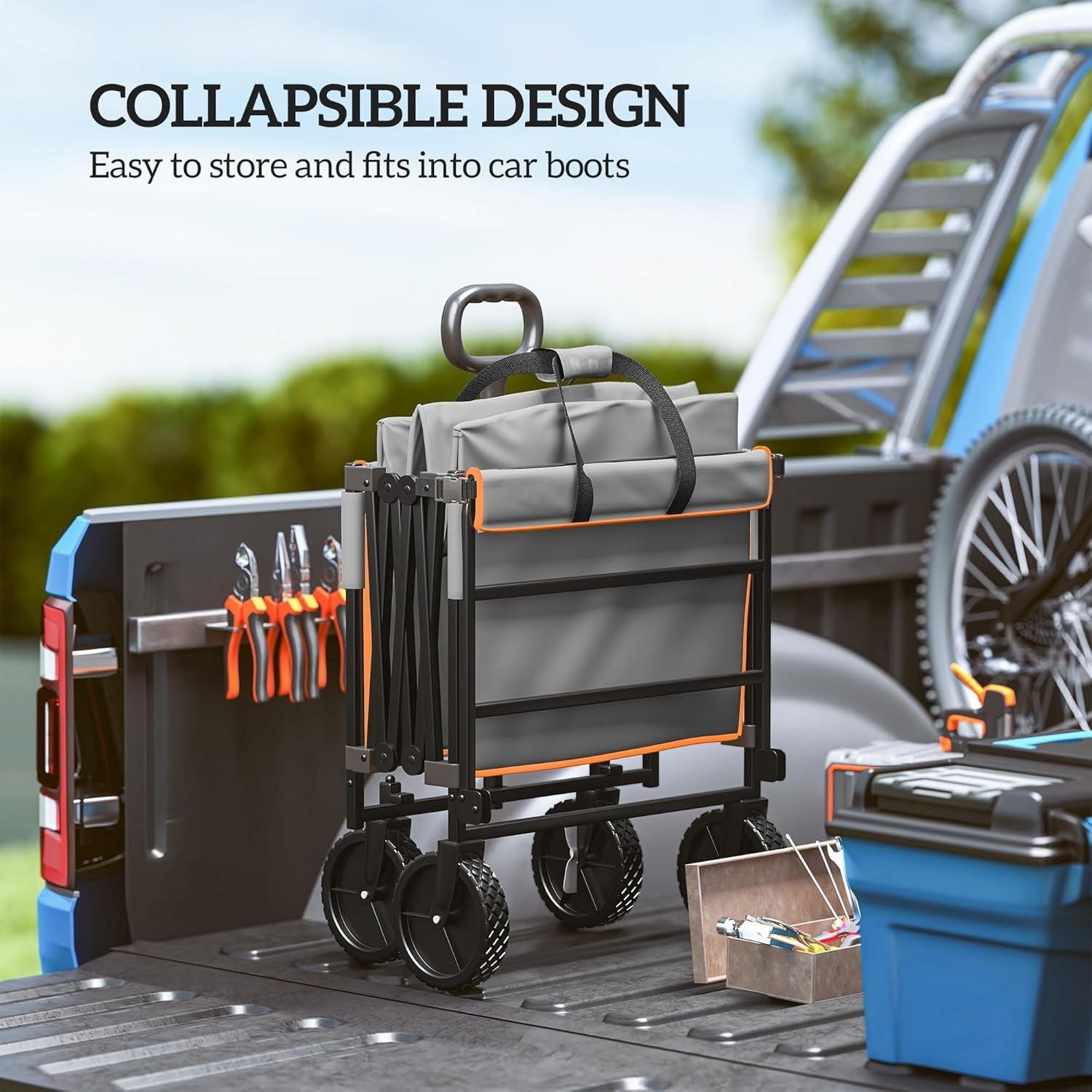 160L Folding Festival Trolley 100kg Heavy Duty Wagon w/ Tailgate – Grey/Orange