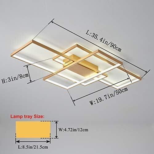 Gold LED Ceiling Light 3 Square Dimmable 50W Remote Control Modern Fixture