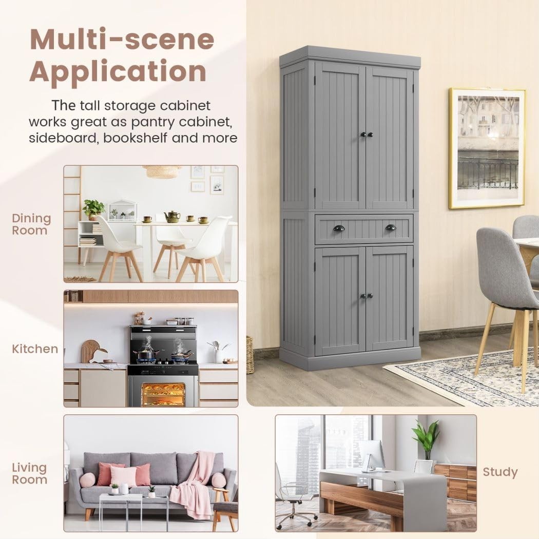 Grey Tall Kitchen Cupboard 183cm Pantry Storage Cabinet AdjustableUnit