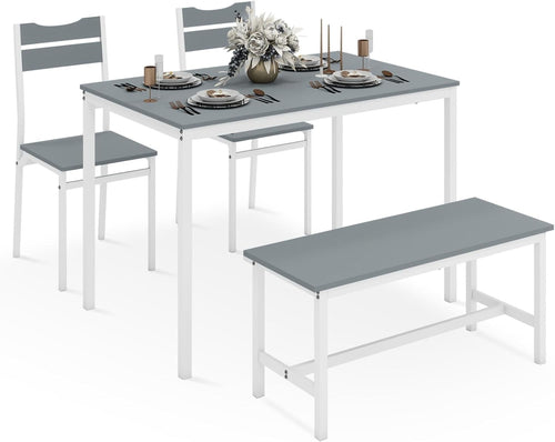 Space-Saving Grey Dining Table Set with 2 Chairs & Bench – Modern Kitchen