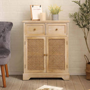 Solid Wood Rattan Sideboard Cabinet 2 Drawers Cupboard Storage Unit