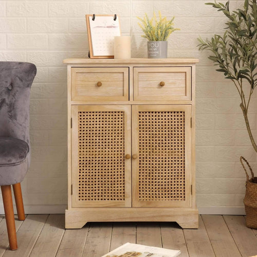 Solid Wood Rattan Sideboard Cabinet 2 Drawers Cupboard Storage Unit