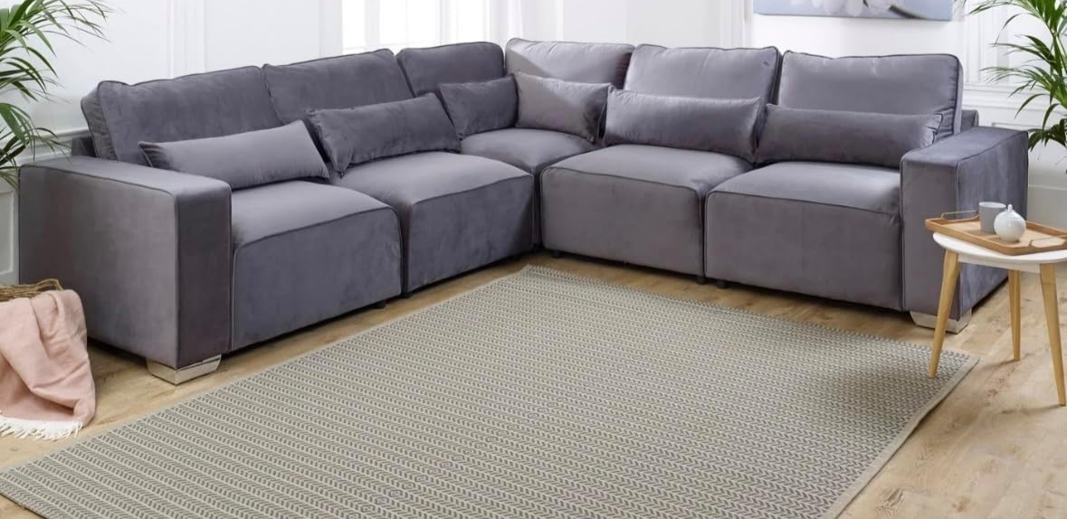 Modular Large Corner Sofa 5 Seater | Steel Plush Fabric | Easy Assembly
