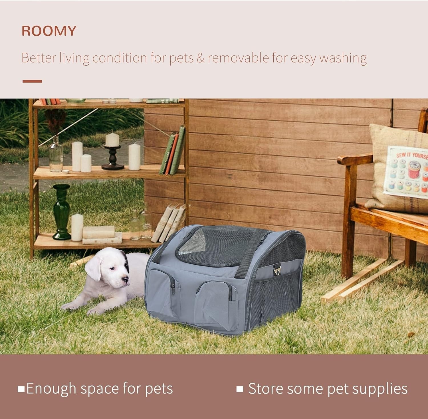Portable Foldable Pet Carrier Bag with Mesh Windows & Storage Pockets Grey