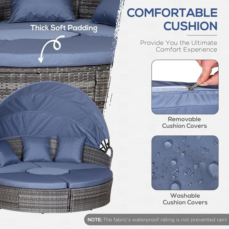 6 Seater Rattan Garden Sofa Bed Set with Canopy Coffee Table Cushions Grey