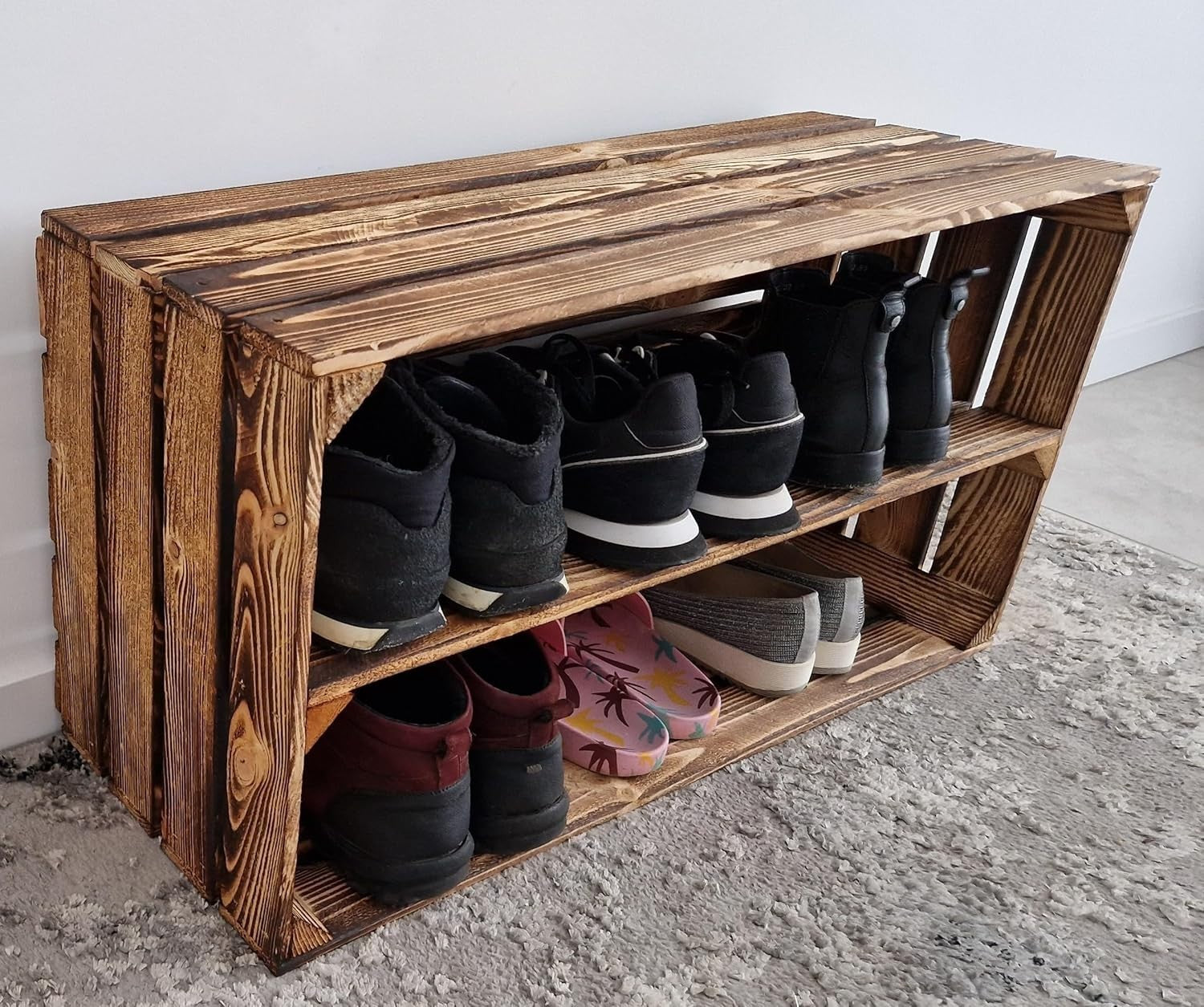 2 x Burnt Effect Wooden Crate with 1-Tier Shelf 40x30x75cm Rustic