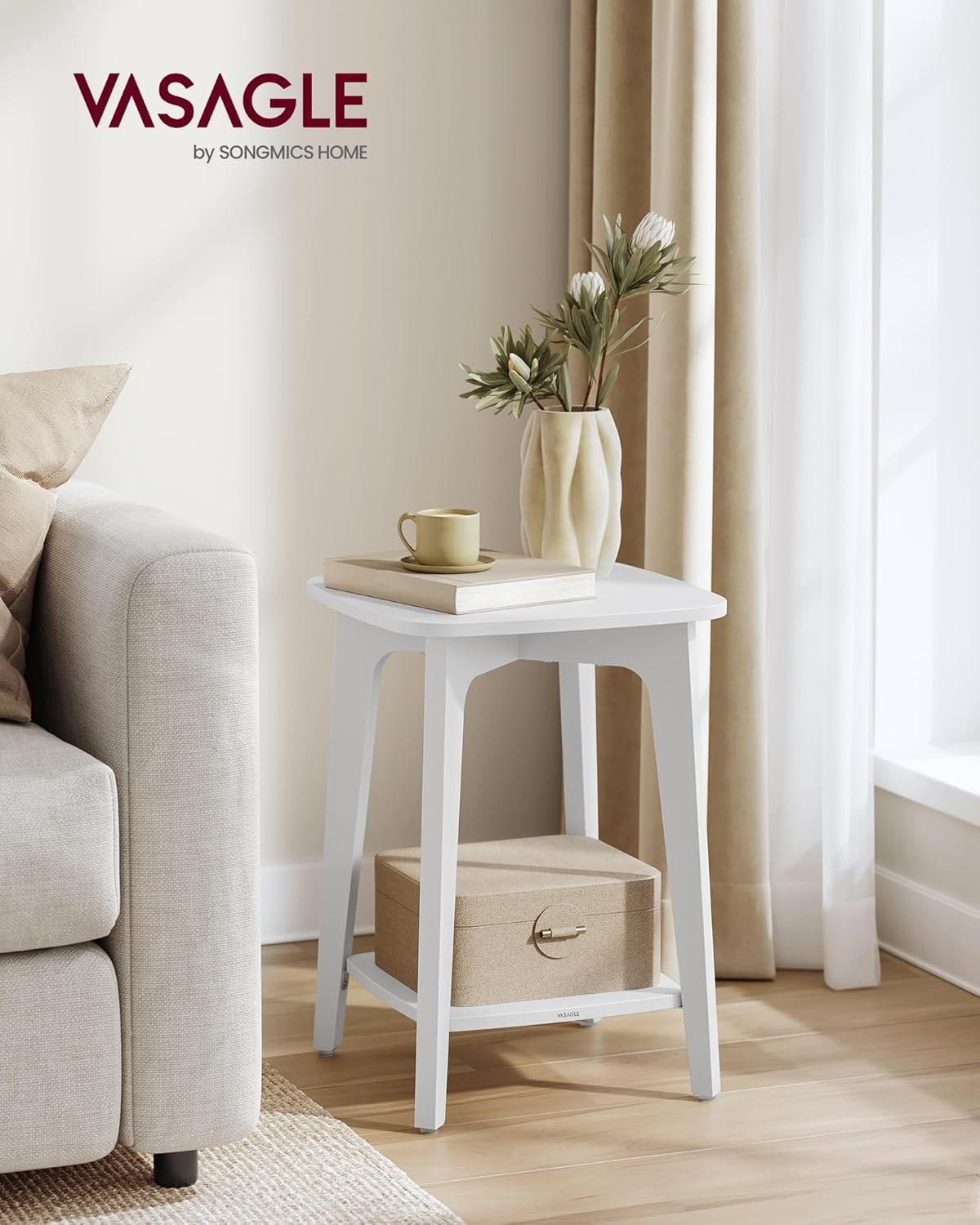 White Small Side Table with Lower Shelf, Modern Bedside Table for Small Spaces