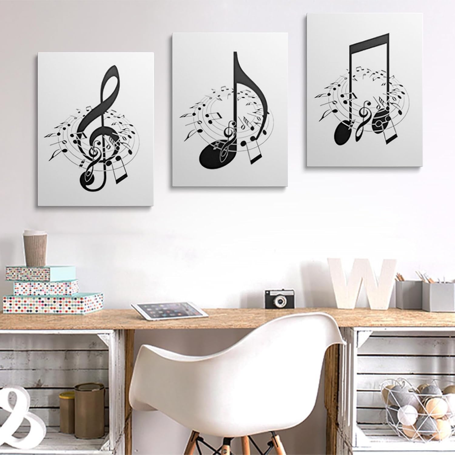 Black White Music Wall Art Set of 3 Framed Canvas 30x40cm Prints