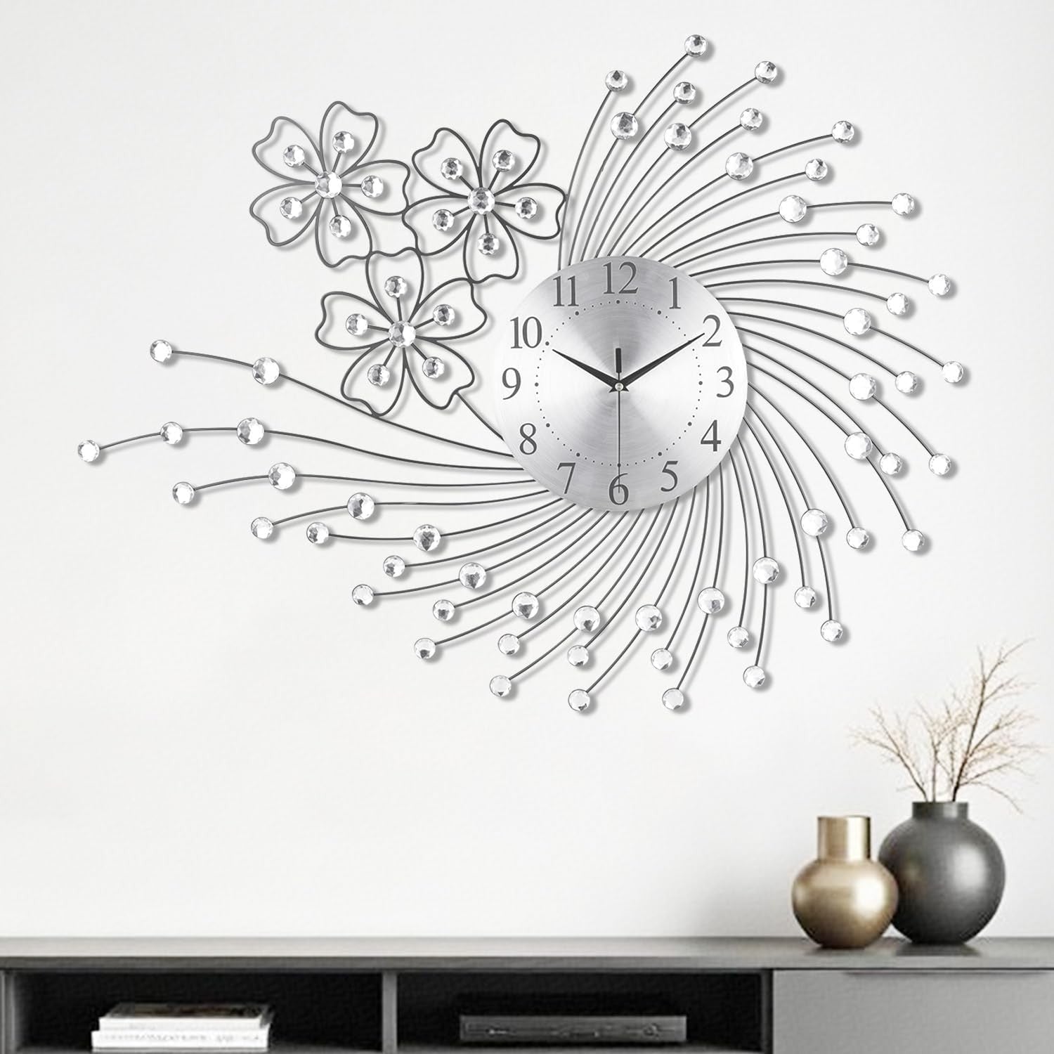 83×63cm Large Silver Wall Clock – Silent Quartz Modern Oversized Art Design