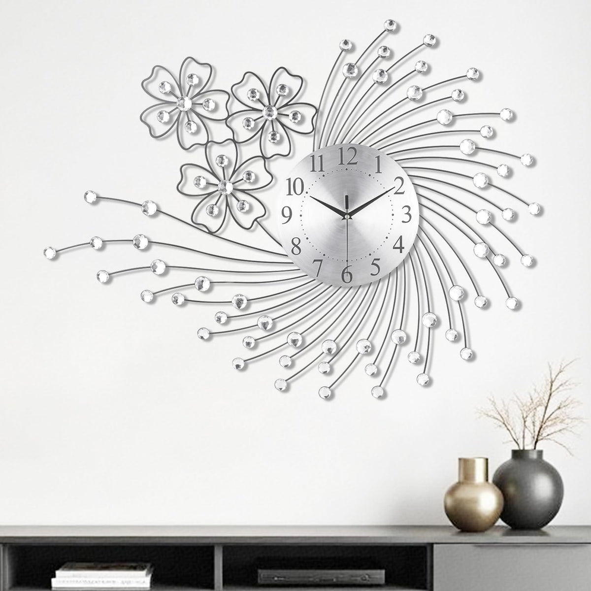 83×63cm Large Silver Wall Clock – Silent Quartz Modern Oversized Art Design
