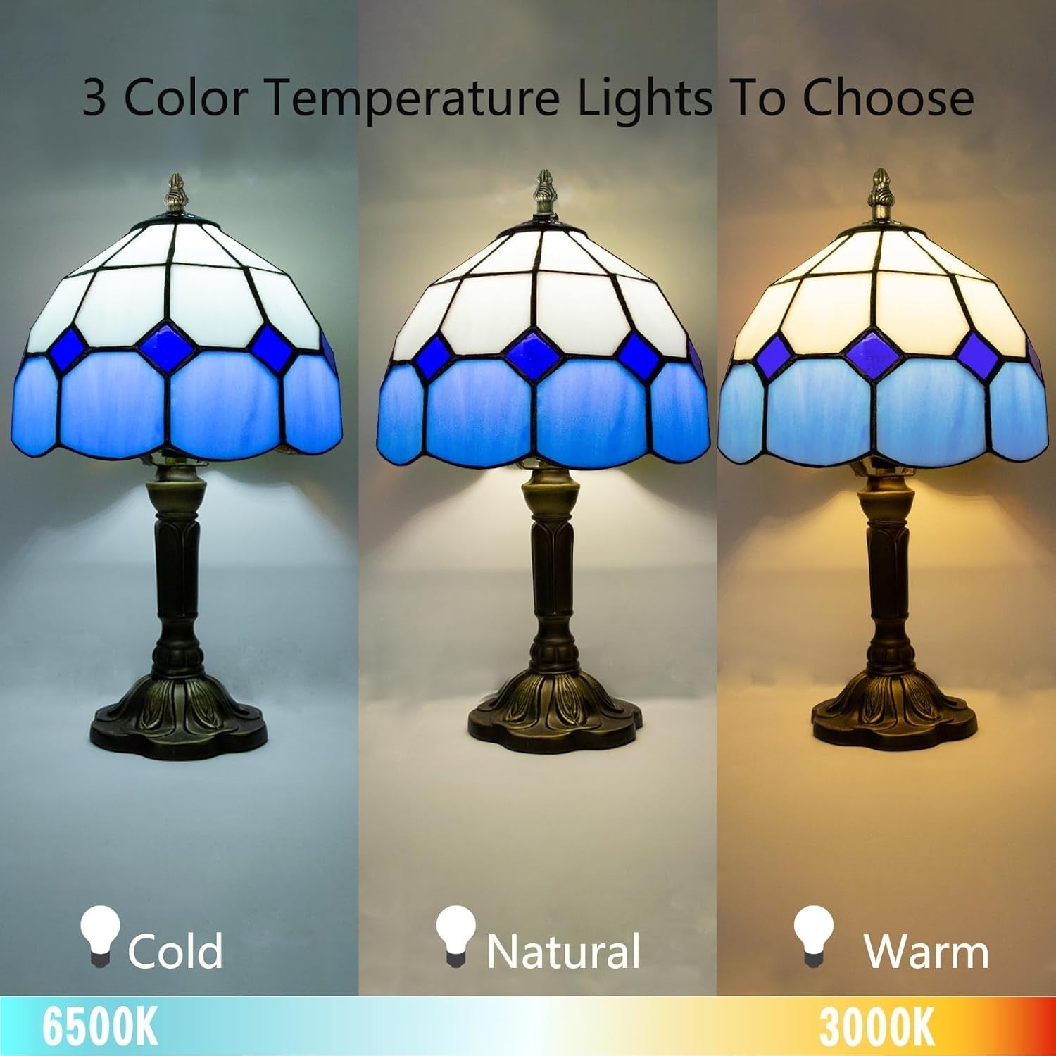 Blue Tiffany Stained Glass Table Lamp, Small Art Deco Bedroom Nightstand Lamp