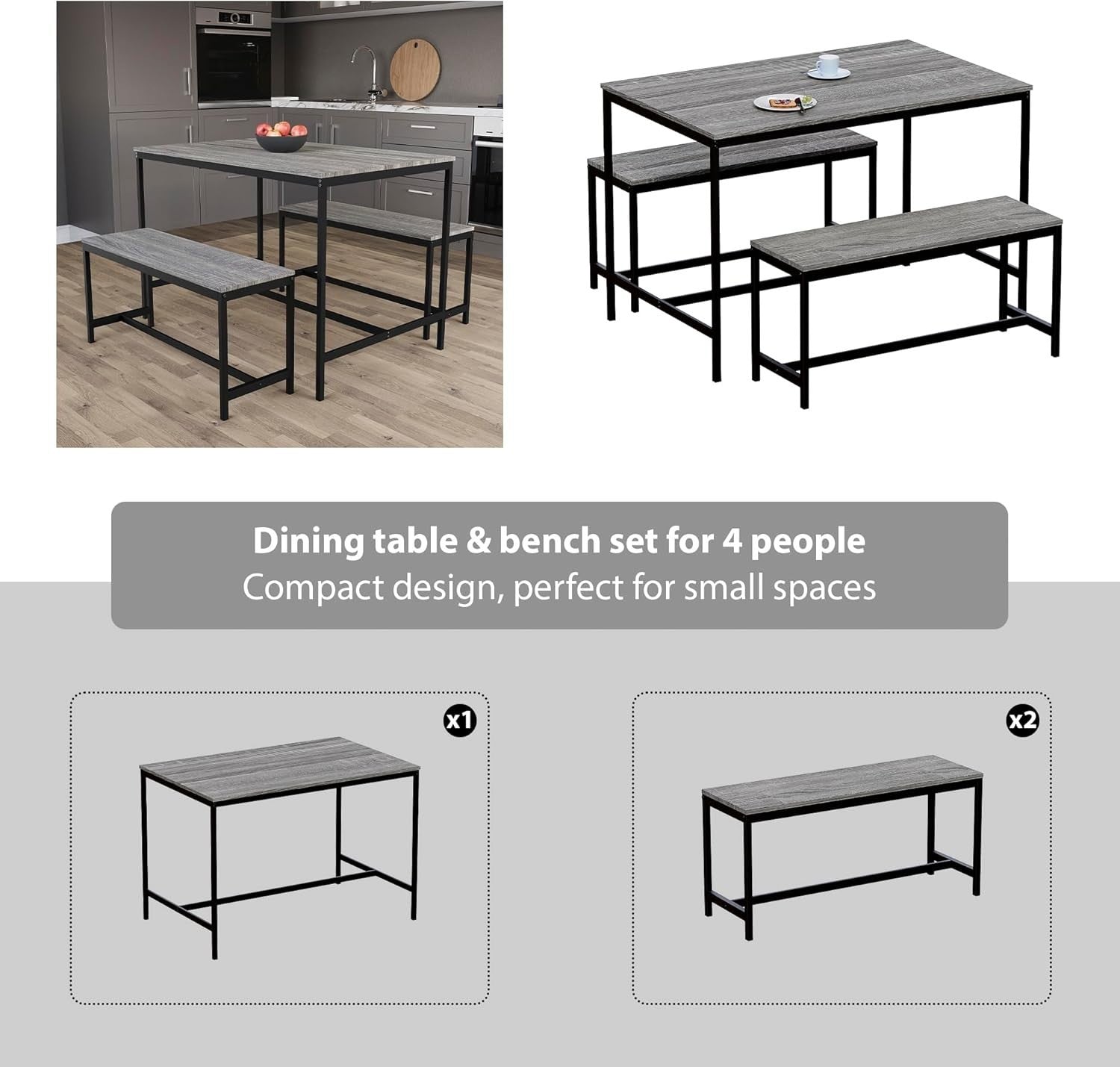 4 Seater Dining Table Set with 2 Benches - Solid Metal Frame, Modern Design