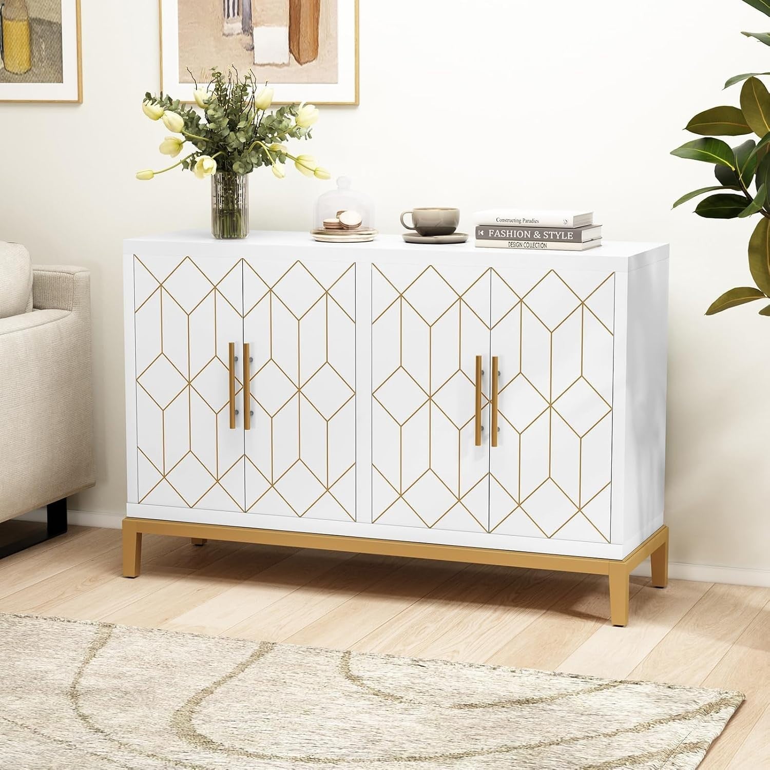 White Sideboard Cabinet 4 Door Gold Trim Storage Unit for Hallway Room